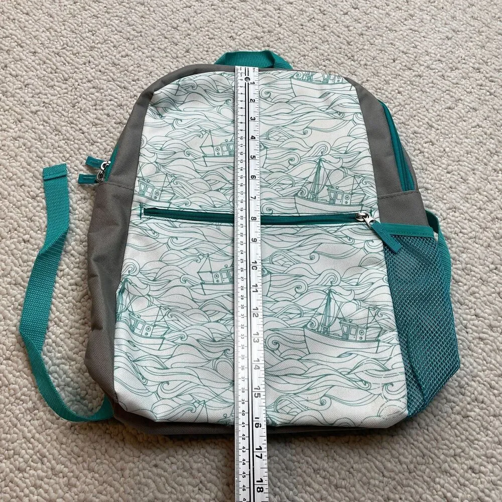 Unbranded Kids Backpack White Blue Boats Waves Mesh Pocket Zip School Straps